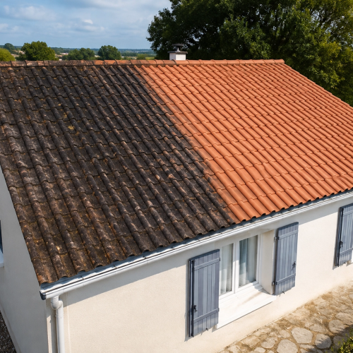 Avant / Après démoussage toiture mécanique à Cestas – SAPA