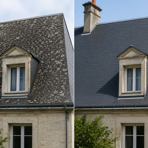 Avant / Après nettoyage toiture ardoise à Mérignac – SAPA