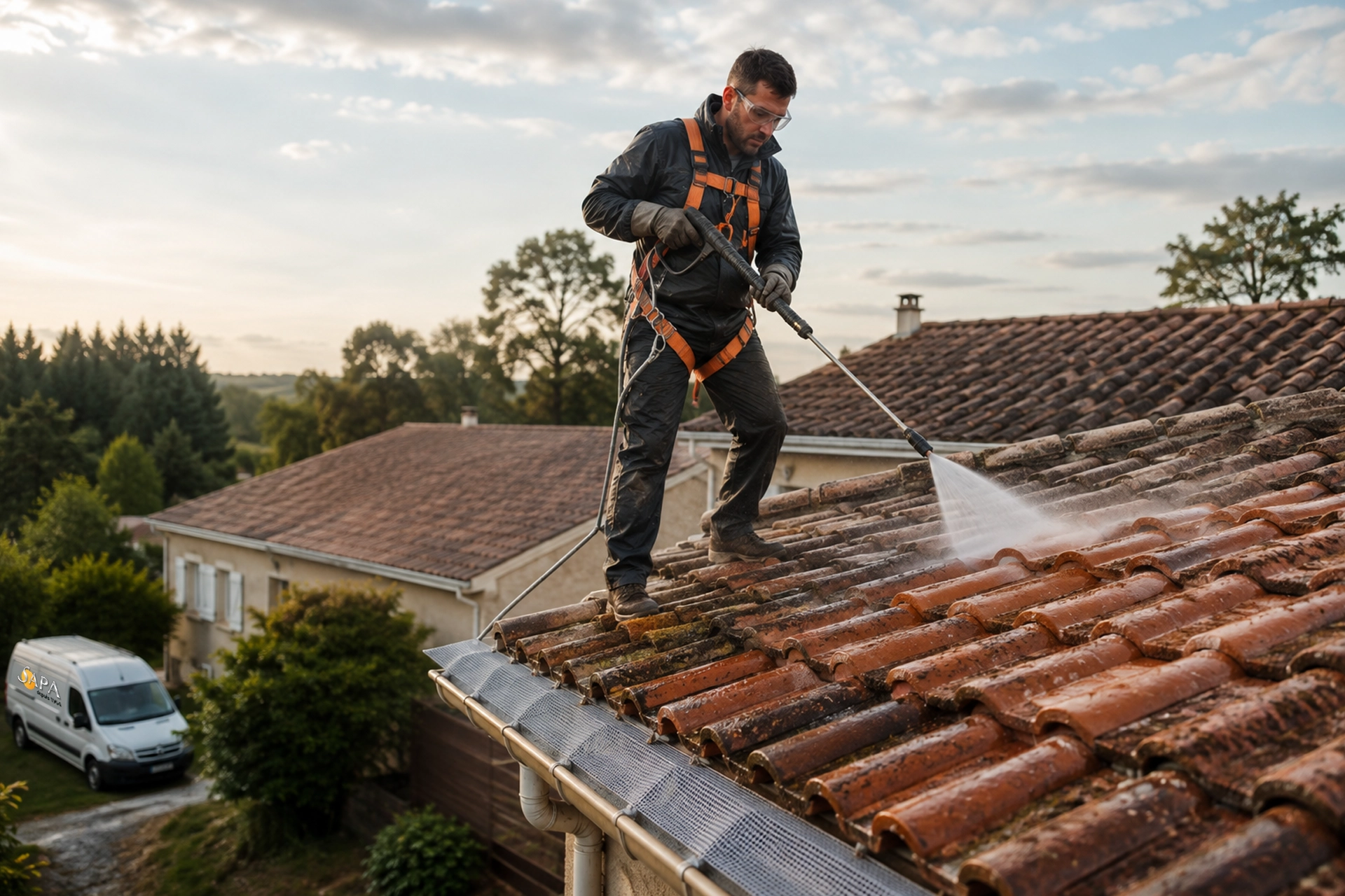 Technicien SAPA réalisant un nettoyage professionnel de toiture en Gironde