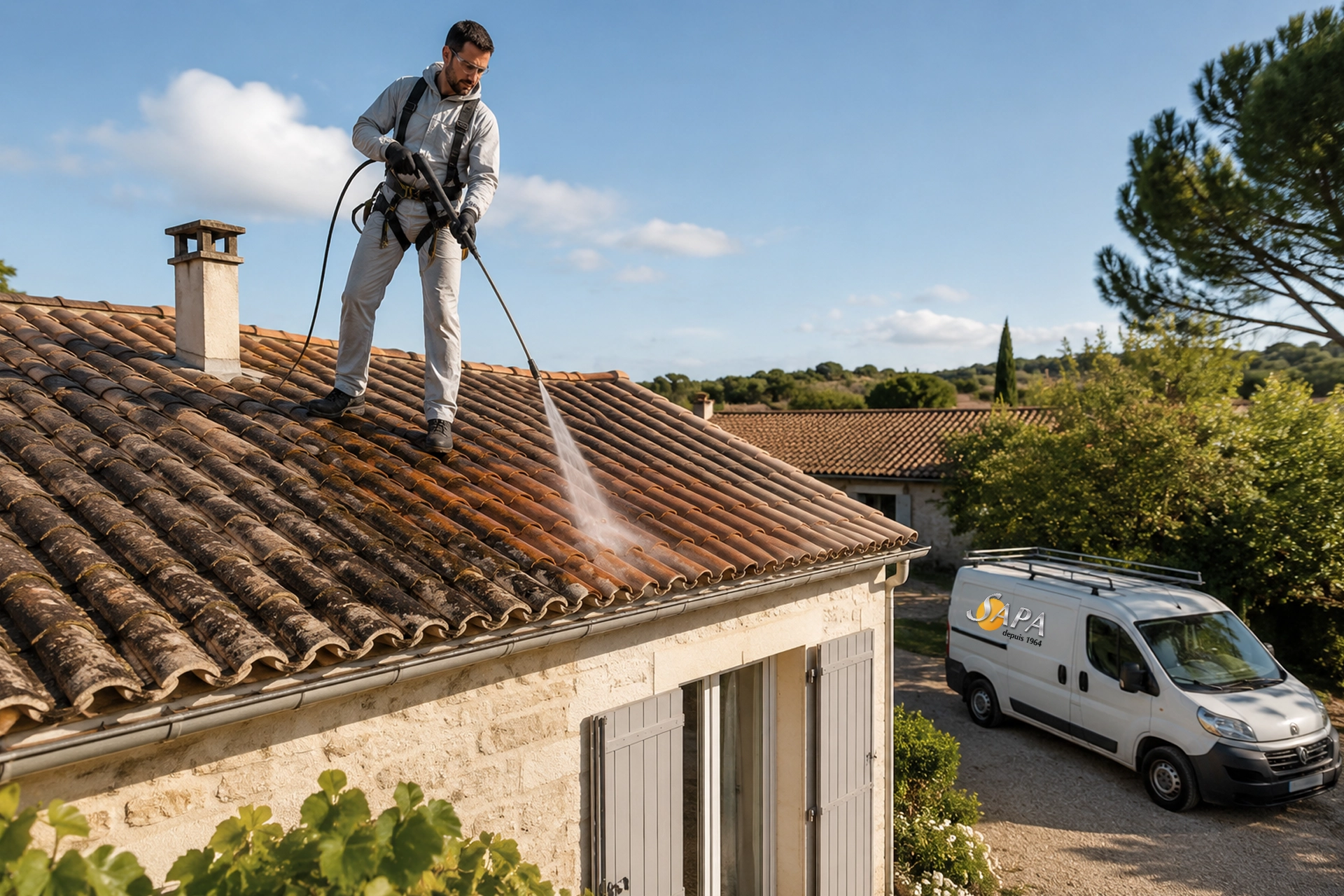 Technicien SAPA réalisant un nettoyage de toiture en Gironde