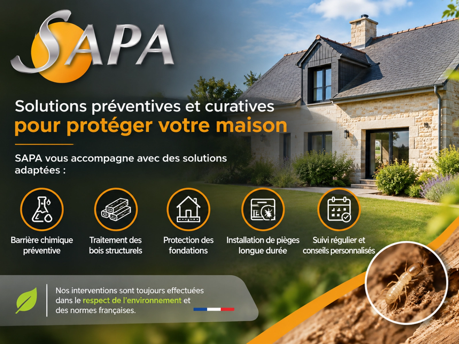 Technicien SAPA mettant en place une protection préventive contre les termites en Gironde