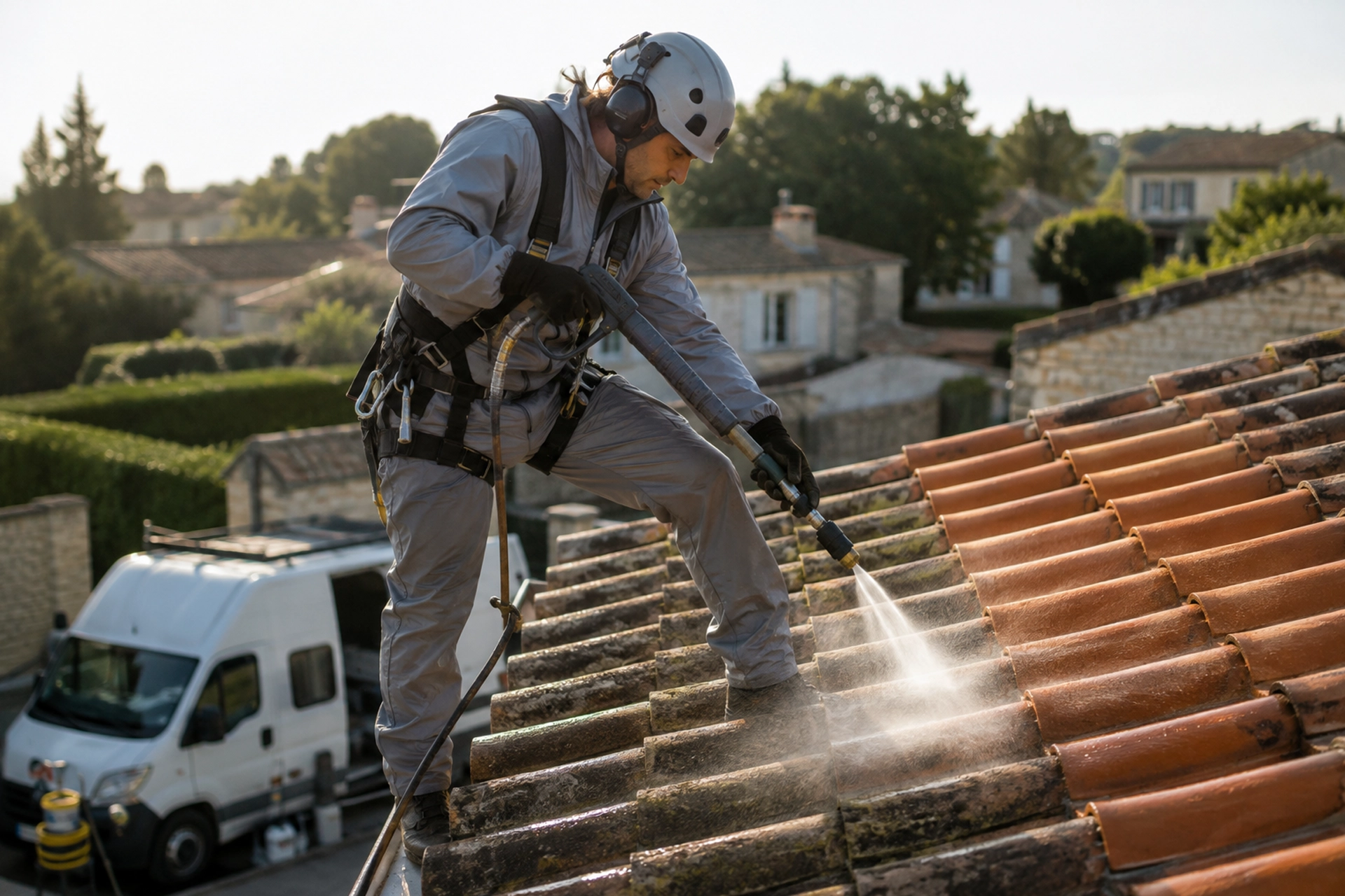 Technicien SAPA expert réalisant un nettoyage de toiture en Gironde