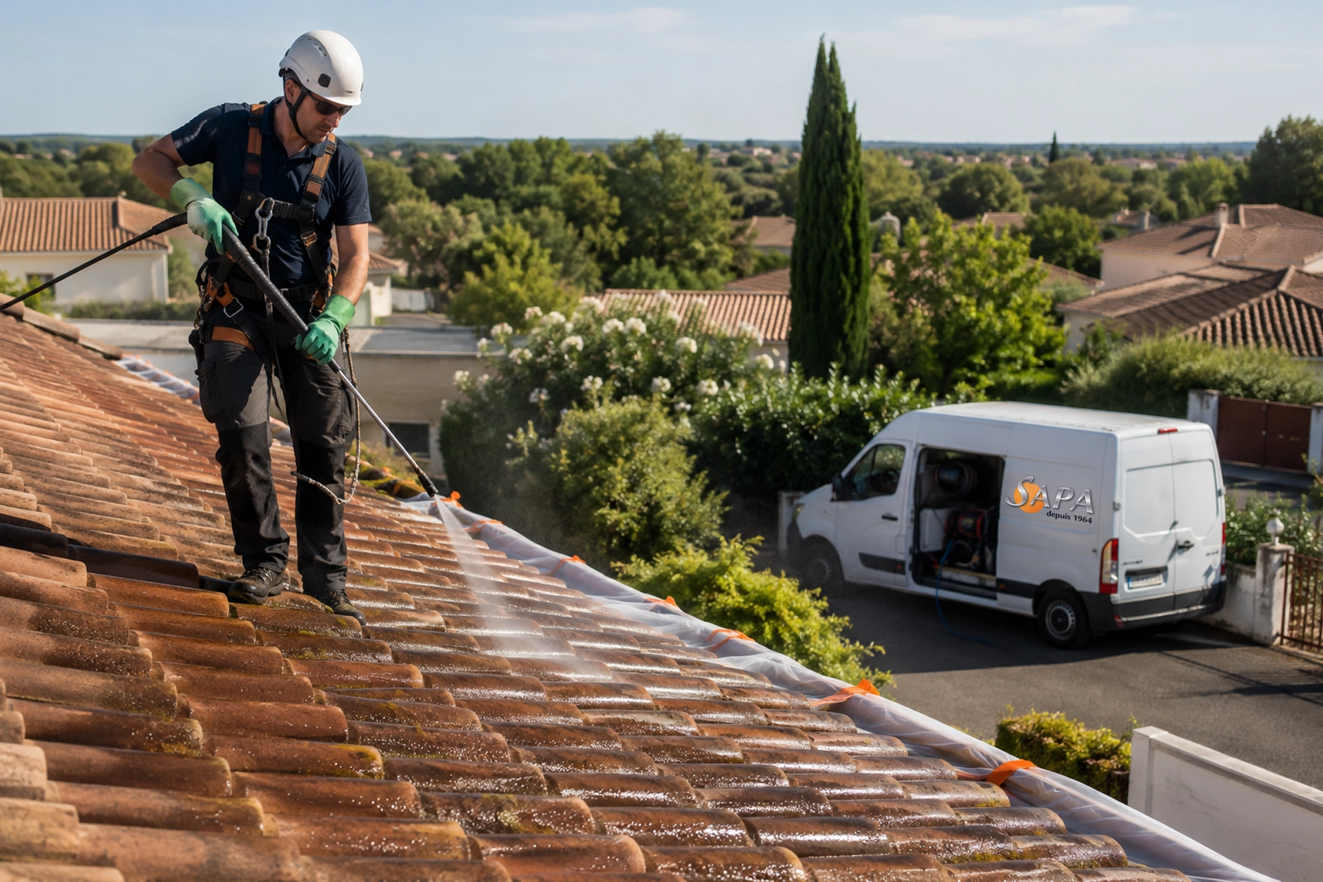 Application d’un traitement anti‑mousse sur toiture par un technicien SAPA en Gironde