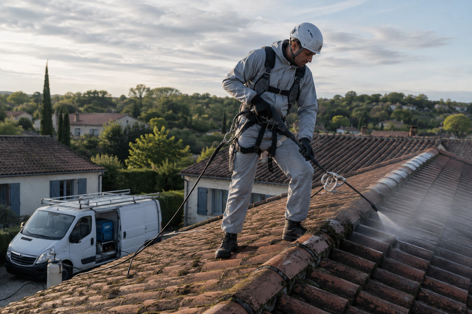 Application d’un traitement hydrofuge sur toiture par un technicien SAPA en Gironde