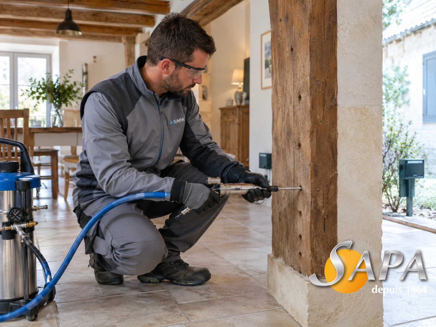Technicien SAPA réalisant un traitement professionnel contre les termites en Gironde