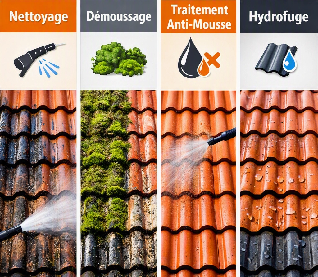 Infographie expliquant les différences entre nettoyage, démoussage, traitement anti‑mousse et hydrofuge pour toiture en Gironde