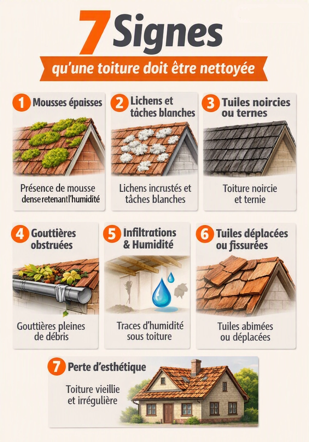 Infographie présentant les 7 signes indiquant qu’une toiture nécessite un nettoyage professionnel en Gironde